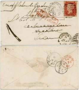 GB QV 1862 REDIRECTED POSTAGE UNPAID 1d RED FARNBOROUGH STATION C23 1d HANDSTAMP - Picture 1 of 3