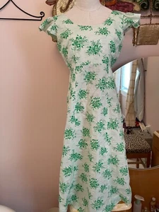 Vintage 70s Handmade Green Floral Print Butterfly Sleeve Cotton Party Dress  S - Picture 1 of 7