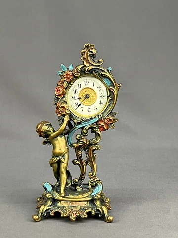 Antique Ansonia Art Nouveau Original Painted 8" Clock with Cherubs Cover