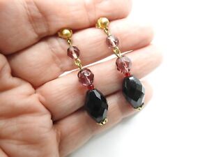 Black Purple Crystal Red Bead Dangle Pierced Earrings Vintage