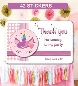 42 Birthday Party Bag Stickers Sweet cone Labels Unicorn Personalised - Picture 1 of 1