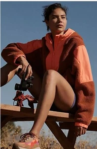 Free People Movement Lead The Pack Neon Coral Combo Pullover Fleece Jacket Med - Picture 1 of 12
