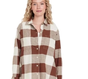 New Women’s Flannel Boyfriend Button Down Shirt In Brown Check Size L - Picture 1 of 6