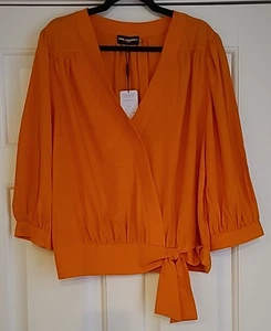 Karl Lagerfeld Orange Tencil Pleats Faux Wrap Front Tie Top Sz XL 3/4 Sleeve NWT - Picture 1 of 6