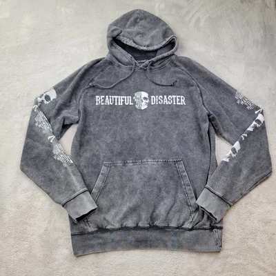 Beautiful Disaster Hating Me Skull Hoodie Womens Large Black Mineral Wash Grunge - Image 1 of 4