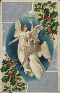 Vintage Christmas Postcard with Angels and Holly - Merry Greetings - Picture 1 of 2
