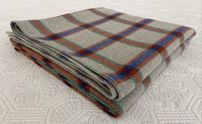Vintage Retro Colourful Red Blue Grey Check Pure Wool Single Blanket 175x150cm - Image 1 of 4