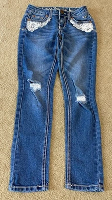 Justice Premium Girl’s Size 8 R Distressed Skinny Denim Jeans with Lace Details - Image 1 of 4