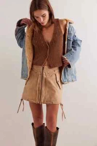 Free People Sierra Mini Skirt Womens 2 Beige Suede Country Western Boho Festival - Picture 1 of 9