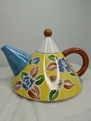 Handcrafted Pier 1 Imports Teapot Ceramic Colorful Animated Pyramid Shaped - Image 1 of 4