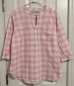 Joan Rvers Womens Shirt sz M Pink & White Check Gingham Buffalo Plaid 3/4 Sleeve - Picture 1 of 8