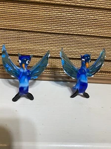 Arte en vidrio artesanal búho azul alas abiertas conjunto de (2) estatuilla de búho - Imagen 1 de 7