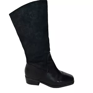 Women's Markon Suela Black Floral Rose Mid-Calf Pull-On Riding Boots Size 7W - Picture 1 of 10