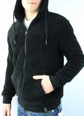 Armani Exchange A|X Mens Hooded Faux Fur Coat Zip Up Fleece Jacket Black NWT - Image 1 of 4