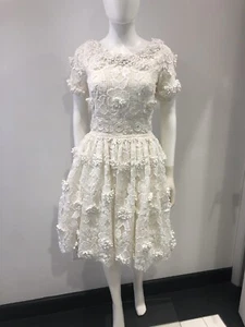 Costarrellos Dress Off White Short Sleeves Lace Tea Length 38FR - Picture 1 of 12