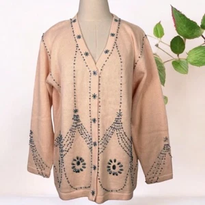 Storybook Knits Sweater Womens Large Beaded French Deco Cotton Blend Cardigan - Picture 1 of 11