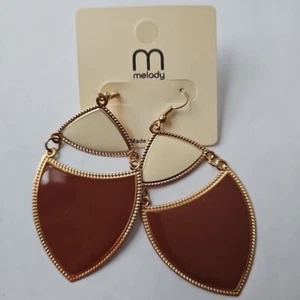 Earrings 3" Dangle Drop Oval Tier Brown Gold Tone French Wire Club Gala Events - Picture 1 of 6