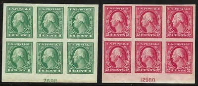 U.S., 1916-1917, Scott #481-482 Imperf, Unwmked, Plate Blocks of 6, Mint, H. - Image 1 of 2