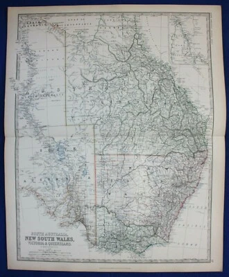 Large original antique map AUSTRALIA, NEW SOUTH WALES, QUEENSLAND, Johnston 1886 - Image 1 of 4