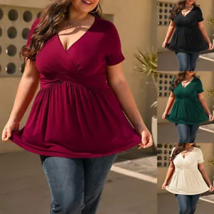 Plus Size Womens Pleated Tunic Tops Ladies Short Sleeve Wrap T Shirts Blouse - Picture 1 of 18