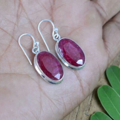 Faceted Ruby Oval Gemstone Bezel Earrings 925 Sterling Silver Handmade Earrings - Image 1 of 4