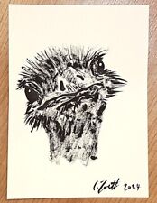 CHRIS ZANETTI Original Ink Painting EMU Ostrich Bird Wildlife Art 8x6 Signed COA