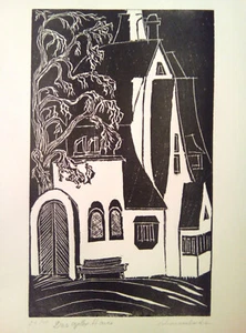 Holzstich Original DAS GELBE HAUS von Robert Schanzenbacher - Bild 1 von 3