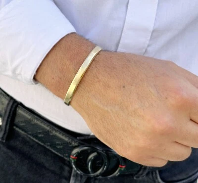 Bracelete de punho 6 mm largura bordas de faca sólido pesado 14K branco amarelo ou ouro rosa masculino - Imagem 1 de 4