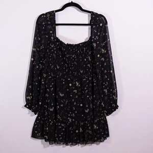 Wilfred Aritzia New Tempest Smocked Chiffon Mini Dress Black Cloudy Lilac Large - Picture 1 of 4
