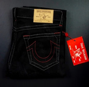 $288 True Religion Mens Jean "Black Moto" Blood Red Stitch Slim Straight 33 X 34 - Picture 1 of 3