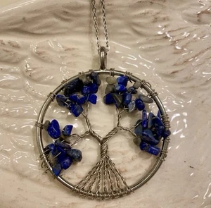 TREE OF LIFE LAPIS LAZULI CHAKRA NECKLACE BLUE PENDANT ON SILVER CHAIN NEW! - Picture 1 of 12