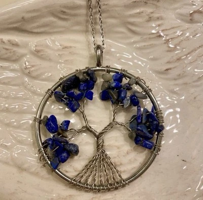 TREE OF LIFE LAPIS LAZULI CHAKRA NECKLACE BLUE PENDANT ON SILVER CHAIN NEW! - Image 1 of 4