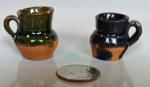 2 Vintage 1:12 Miniature Mugs Terra Cotta Clay Handmade Mexican Primitive Glazed - Picture 1 of 4