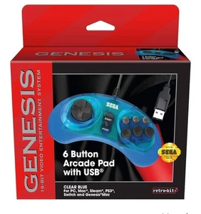Sega Genesis 8 Button Arcade Pad With USB Blue clear Retro Bit Wired - Picture 1 of 10