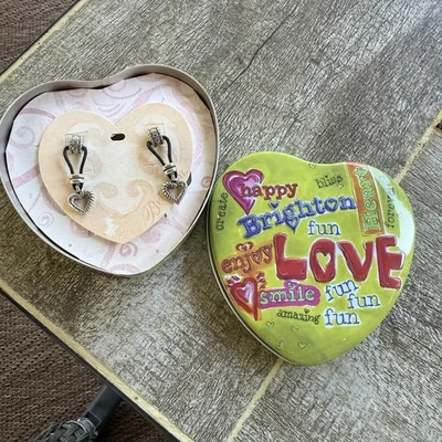 Vintage Brighton Silver Tone Heart Dangle Earring With Leather in Tin Box New - Image 1 of 4