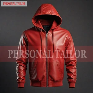 Men's Real Lambskin Red Leather Hoodie Front Zipper Style With Two Pockets - Picture 1 of 2