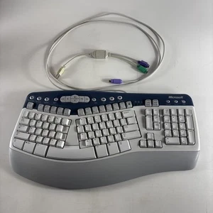 Vintage Microsoft Natural MultiMedia Keyboard 1.0A Ergonomic mit USB Adapter Grau - Bild 1 von 15