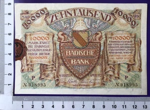 Länderbanknote Mannheim Badische Bank 10000 Mark 1.4.23, Ro BAD9b, Serie P - Bild 1 von 2