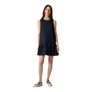 J Crew Maxine Tiered Ruffle Trim Shift Dress in Navy Linen Womens Size Petite S - Picture 1 of 8