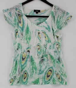 AGB Shirt Damen Large weiß grün Pfauenfeder Rüschen V-Ausschnitt Bluse Made USA - Bild 1 von 5