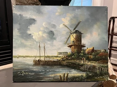 Unframed Original Oil On Canvas Dutch Holland Wind Mill Sea Landscape Signed - Image 1 of 4