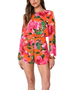 LULU'S Sweetest Song Orange Floral Backless Long Sleeve Romper Medium Summer NEW - Picture 1 of 15