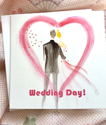"WEDDING DAY" CARD;ARTWORK;COUPLE;BLANK INSIDE;FRESH;MODERN; ART;BRIDAL ;UK MADE - Image 1 of 2