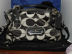 Coach Black & Grey Signature Fabric Handbag with two zipper pockets - Picture 1 of 8