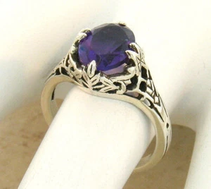 GENUINE AMETHYST 925 STERLING SILVER ANTIQUE STYLE FILIGREE RING            561Z - Picture 1 of 3