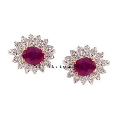 Natural Ruby & CZ Stones 925 Sterling Silver 18 K Gold Plated Men Cufflinks #944 - Image 1 of 3