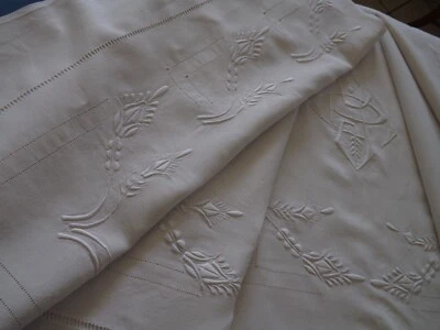 grand drap brodé, en pur fil de lin, mono J P , 3.30 m X 2.30 m, ancien - Photo 1/4