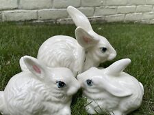 Set 3 Bunnies Ceramic Signed Statues Mom Babies White Vintage Blue Eyes Bunnies 