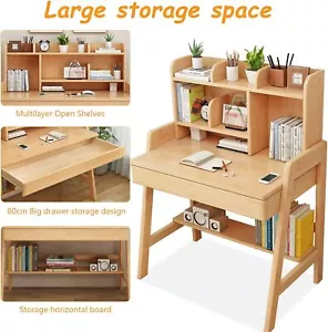 Height Adjustable Kids Desk with Drawer &Bookshelf,Solid Rubber Wood Study Table - Picture 1 of 5