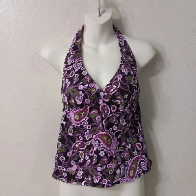 MERONA Women Size S Swimsuit Top Purple Pink Paisley Print Halter Tankini 3982 - Image 1 of 4
